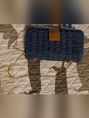 adidas Navy Woven Crossbody with Gold Chain and Tan Accent